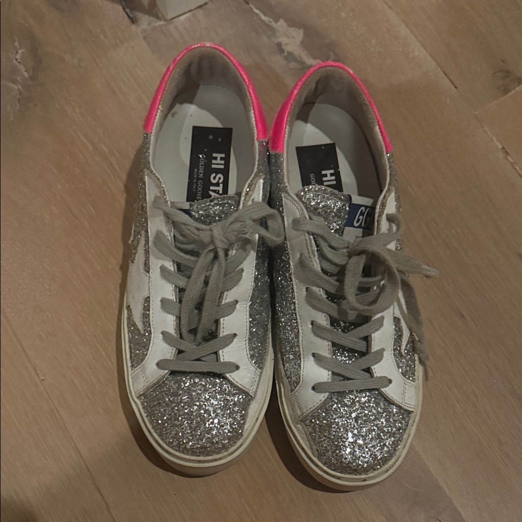 Golden Goose Silver Glitter Sneakers With Pink Accents